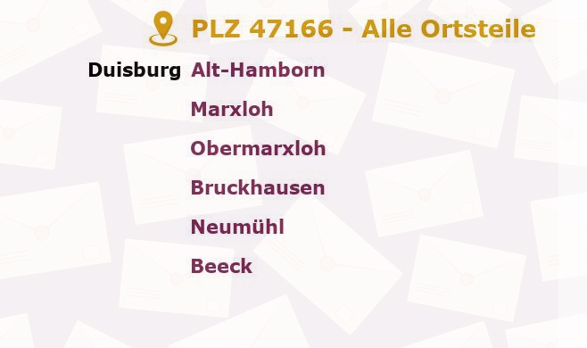 Postleitzahl 47166 Duisburg, Nordrhein-Westfalen - Alle Orte und Ortsteile