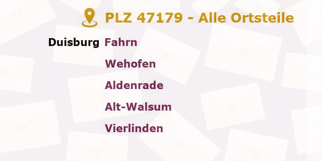 Postleitzahl 47179 Duisburg, Nordrhein-Westfalen - Alle Orte und Ortsteile