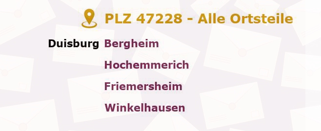 Postleitzahl 47228 Duisburg, Nordrhein-Westfalen - Alle Orte und Ortsteile