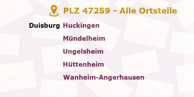 Postleitzahl 47259 Duisburg, Nordrhein-Westfalen - Alle Orte und Ortsteile