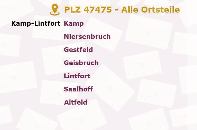 Postleitzahl 47475 Kamp-Lintfort, Nordrhein-Westfalen - Alle Orte und Ortsteile