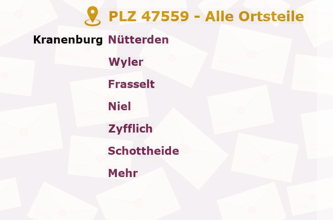 Postleitzahl 47559 Kranenburg, Nordrhein-Westfalen - Alle Orte und Ortsteile