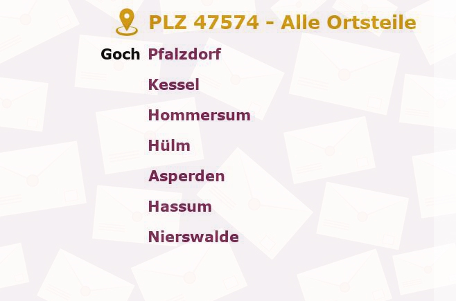 Postleitzahl 47574 Goch, Nordrhein-Westfalen - Alle Orte und Ortsteile