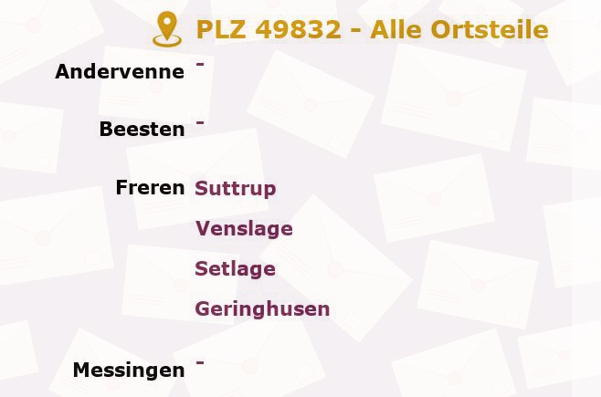 Postleitzahl 49832 Andervenne Niederdorf, Niedersachsen - Alle Orte und Ortsteile