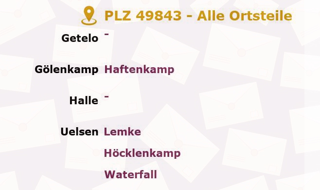 Postleitzahl 49843 Gölenkamp, Niedersachsen - Alle Orte und Ortsteile