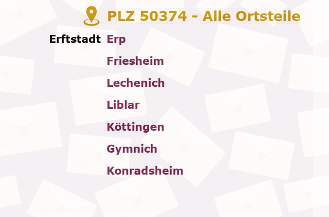 Postleitzahl 50374 Erftstadt, Nordrhein-Westfalen - Alle Orte und Ortsteile