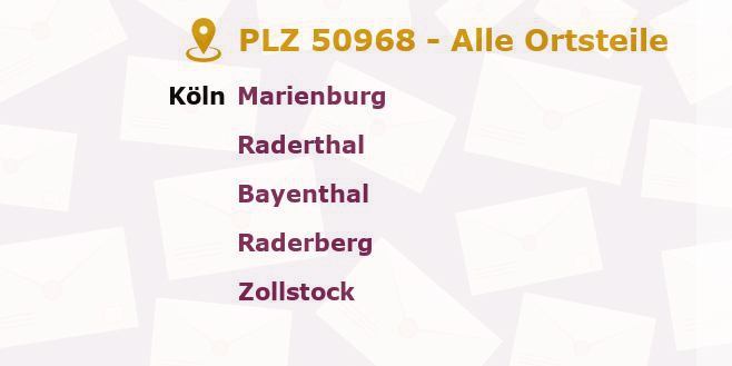 Postleitzahl 50968 Köln, Nordrhein-Westfalen - Alle Orte und Ortsteile