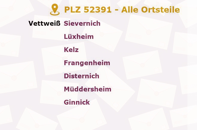 Postleitzahl 52391 Vettweiß, Nordrhein-Westfalen - Alle Orte und Ortsteile