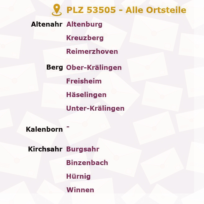 Postleitzahl 53505 Kalenborn, Rheinland-Pfalz - Alle Orte und Ortsteile