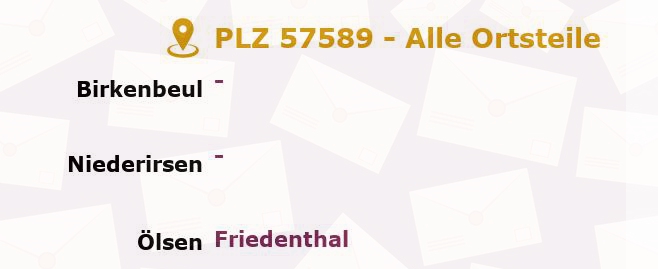 Postleitzahl 57589 Niederirsen, Rheinland-Pfalz - Alle Orte und Ortsteile