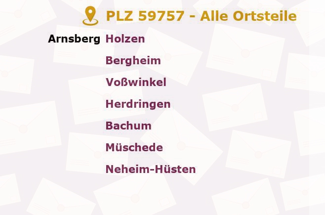 Postleitzahl 59757 Arnsberg, Nordrhein-Westfalen - Alle Orte und Ortsteile