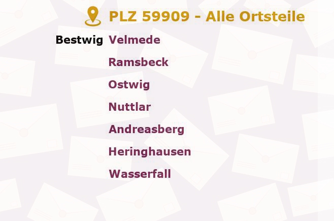 Postleitzahl 59909 Bestwig, Nordrhein-Westfalen - Alle Orte und Ortsteile