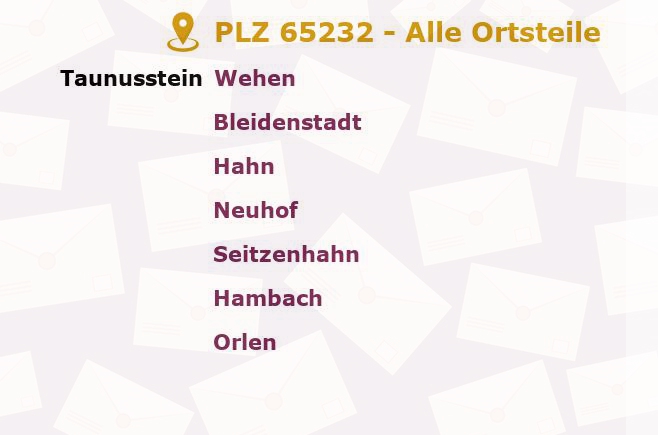 Postleitzahl 65232 Taunusstein, Hessen - Alle Orte und Ortsteile