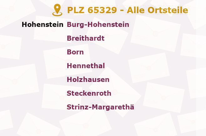 Postleitzahl 65329 Hessen - Alle Orte und Ortsteile