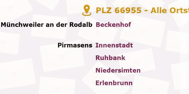 Postleitzahl 66955 Pirmasens, Rheinland-Pfalz - Alle Orte und Ortsteile