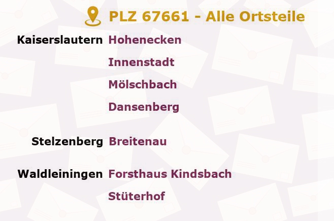 Postleitzahl 67661 Kaiserslautern, Rheinland-Pfalz - Alle Orte und Ortsteile