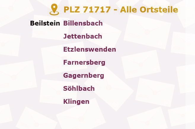 Postleitzahl 71717 Beilstein, Baden-Württemberg - Alle Orte und Ortsteile