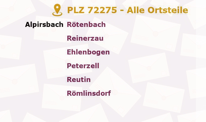 Postleitzahl 72275 Alpirsbach, Baden-Württemberg - Alle Orte und Ortsteile