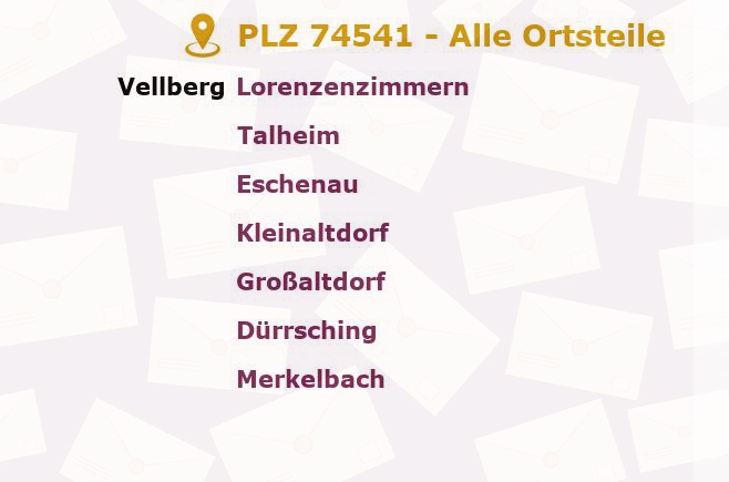 Postleitzahl 74541 Vellberg, Baden-Württemberg - Alle Orte und Ortsteile