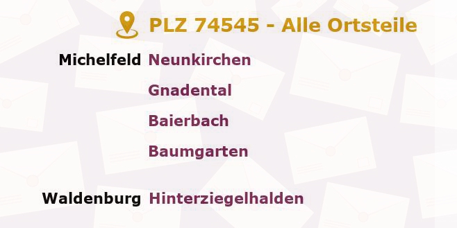 Postleitzahl 74545 Michelfeld, Baden-Württemberg - Alle Orte und Ortsteile