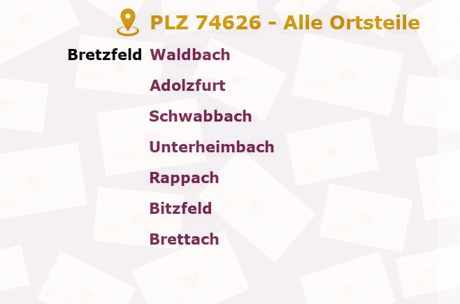 Postleitzahl 74626 Bretzfeld, Baden-Württemberg - Alle Orte und Ortsteile