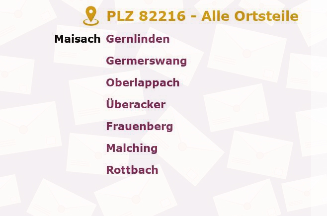 Postleitzahl 82216 Maisach, Bayern - Alle Orte und Ortsteile