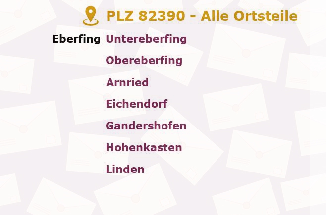 Postleitzahl 82390 Eberfing, Bayern - Alle Orte und Ortsteile