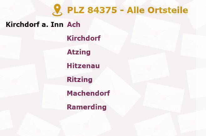 Postleitzahl 84375 Kirchdorf am Inn, Bayern - Alle Orte und Ortsteile