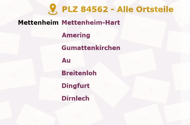 Postleitzahl 84562 Mettenheim, Bayern - Alle Orte und Ortsteile