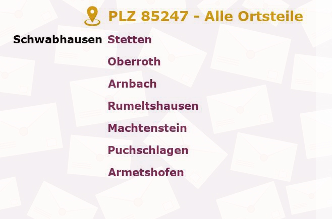 Postleitzahl 85247 Hirtlbach, Bayern - Alle Orte und Ortsteile