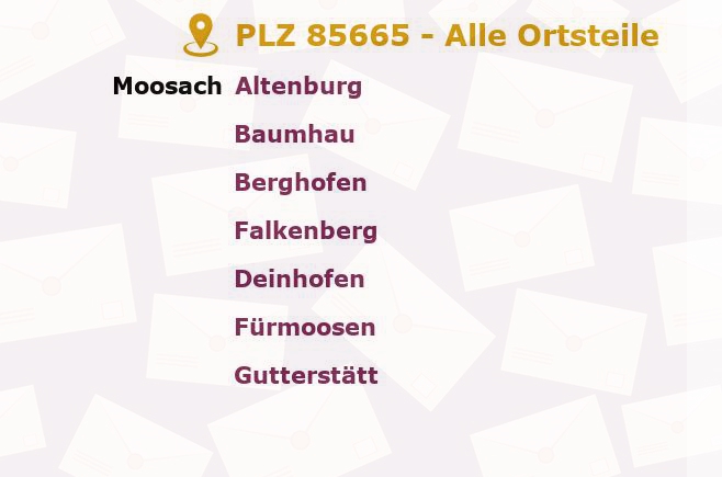 Postleitzahl 85665 Moosach, Bayern - Alle Orte und Ortsteile