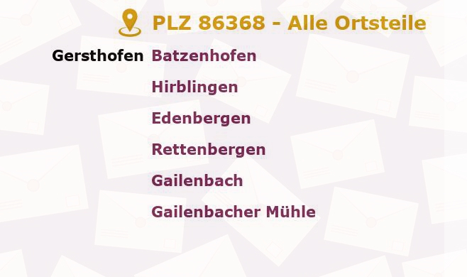 Postleitzahl 86368 Gersthofen, Bayern - Alle Orte und Ortsteile