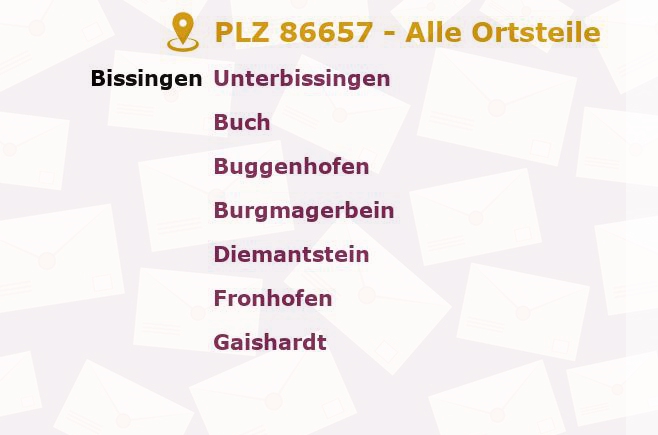 Postleitzahl 86657 Bissingen, Bayern - Alle Orte und Ortsteile