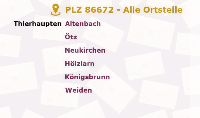 Postleitzahl 86672 Thierhaupten, Bayern - Alle Orte und Ortsteile