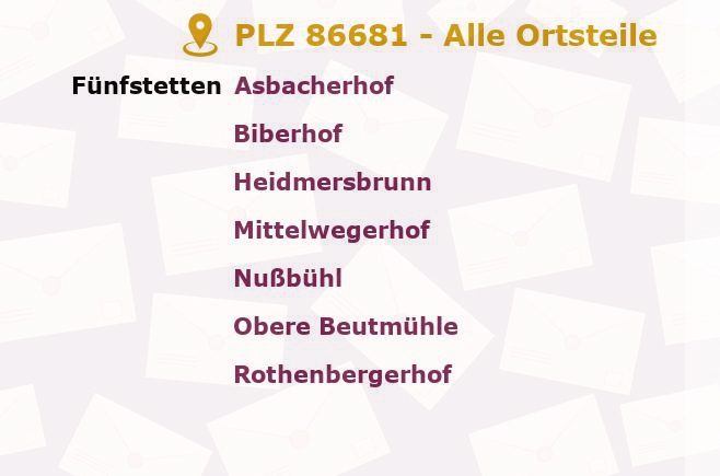 Postleitzahl 86681 Fünfstetten, Bayern - Alle Orte und Ortsteile