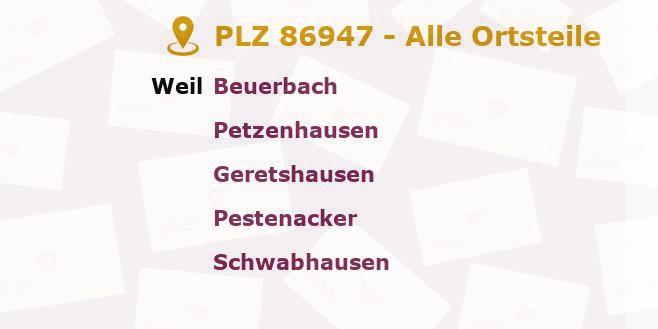 Postleitzahl 86947 Weil, Bayern - Alle Orte und Ortsteile