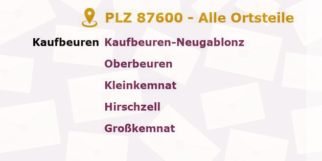 Postleitzahl 87600 Kaufbeuren, Bayern - Alle Orte und Ortsteile