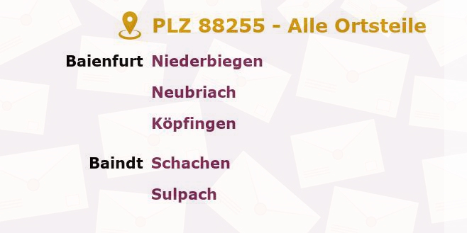 Postleitzahl 88255 Baindt, Baden-Württemberg - Alle Orte und Ortsteile