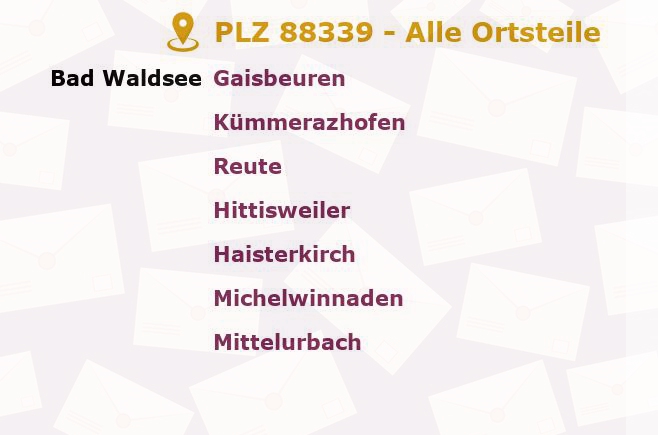 Postleitzahl 88339 Bad Waldsee, Baden-Württemberg - Alle Orte und Ortsteile