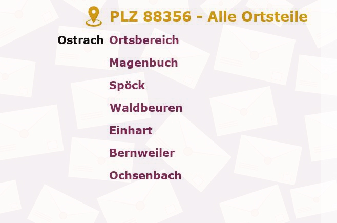 Postleitzahl 88356 Ostrach, Baden-Württemberg - Alle Orte und Ortsteile