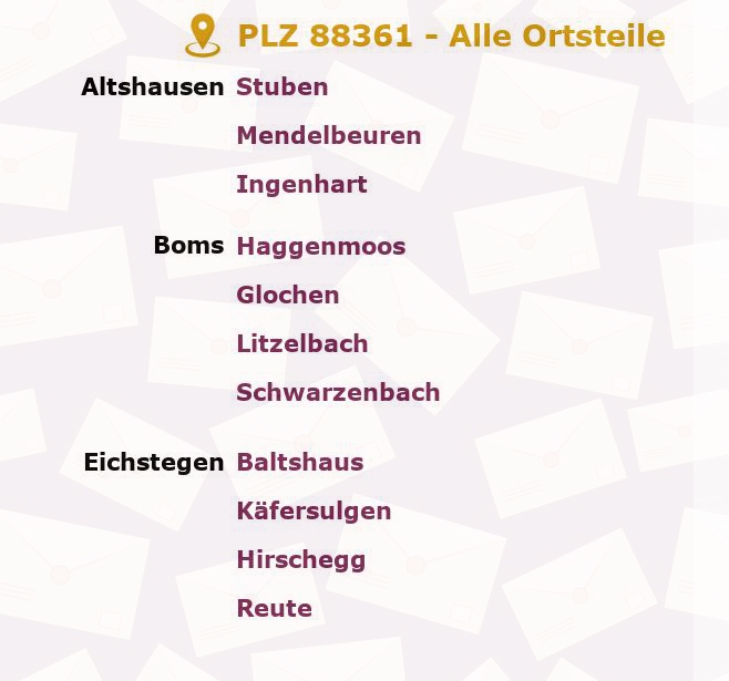 Postleitzahl 88361 Altshausen, Baden-Württemberg - Alle Orte und Ortsteile