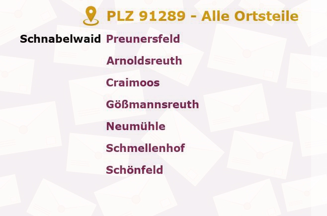 Postleitzahl 91289 Schnabelwaid, Bayern - Alle Orte und Ortsteile