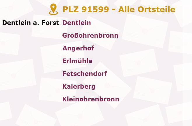 Postleitzahl 91599 Dentlein, Bayern - Alle Orte und Ortsteile