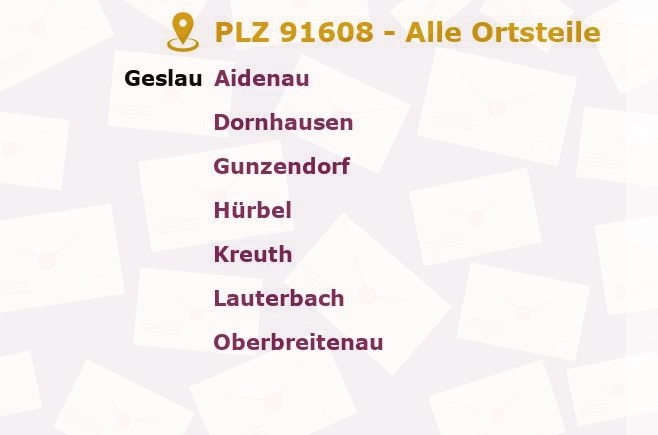 Postleitzahl 91608 Geslau, Bayern - Alle Orte und Ortsteile