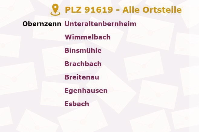 Postleitzahl 91619 Obernzenn, Bayern - Alle Orte und Ortsteile