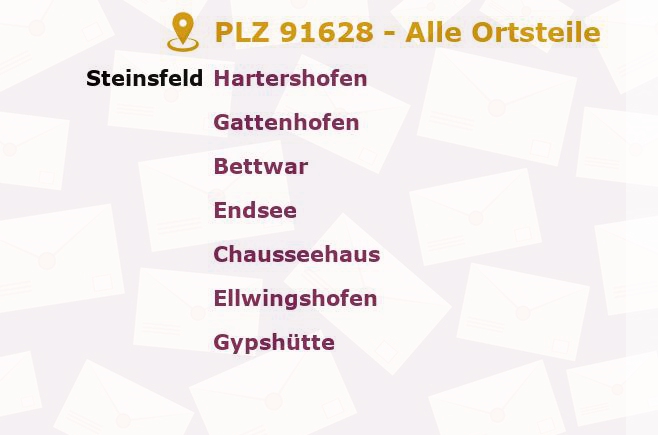 Postleitzahl 91628 Steinsfeld, Bayern - Alle Orte und Ortsteile