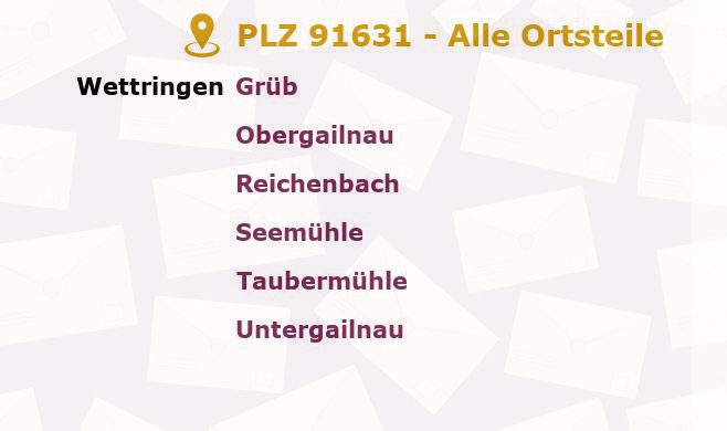 Postleitzahl 91631 Wettringen, Bayern - Alle Orte und Ortsteile