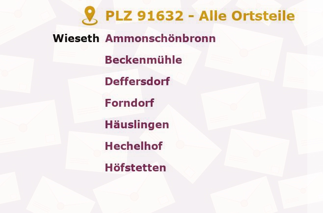 Postleitzahl 91632 Wieseth, Bayern - Alle Orte und Ortsteile