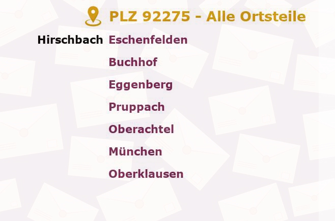 Postleitzahl 92275 Hirschbach, Bayern - Alle Orte und Ortsteile