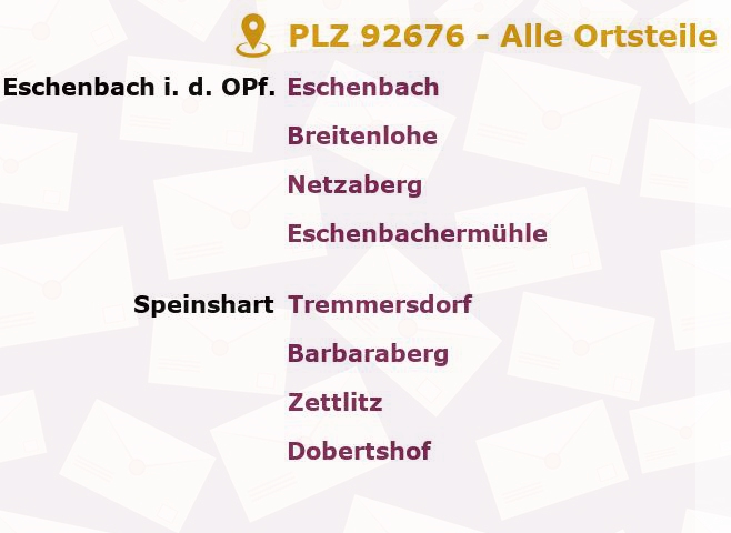 Postleitzahl 92676 Speinshart, Bayern - Alle Orte und Ortsteile